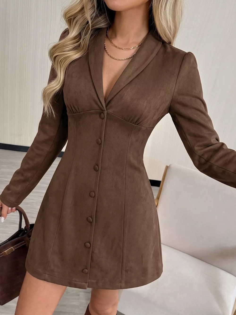 ⭐️ Brown Button Front Long Sleeve Blazer Mini Dress